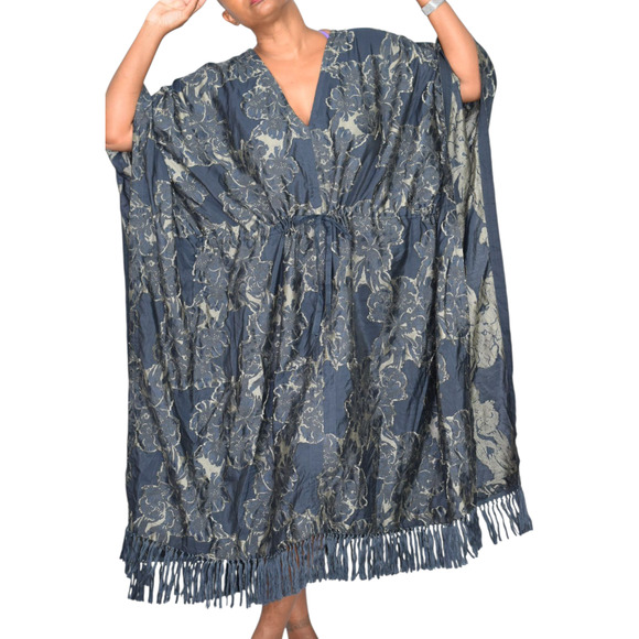 Billy Reid Jacquard Kaftan Dress Blue Long Oversized Caftan Fringe Medium Large - Picture 8 of 16